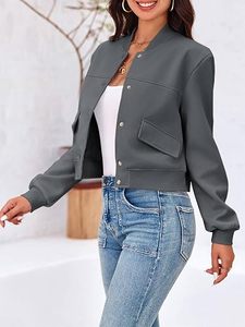 Chaqueta Bomber Gris para Mujer, Manga Larga, Cuello Alto, Cierre de Botones, Bolsillos con Parches, Ropa Casual de Otoño - Product Image 5