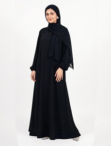 Muslim Women Everyday Casual Black Abaya Set Saudi Solid Long <b>Elastic</b> Sleeve Floor-Length Straight Modest Full Cover Simple - Product Image 4