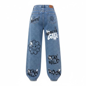 Pantalones Vaqueros de Cintura Alta y Pierna Ancha con Graffiti Dibujado a Mano y Apliques de Flores, Estilo Urbano, Jeans de Algodón para Primavera - Product Image 2