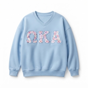 Sudadera con cuello en V para mujer, gris, con bordado floral de lavanda y letras griegas Phi Alpha, para otoño - Product Image 6