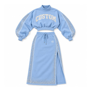 High Quality Rhinestone Cropped Sweatshirt <b>Maxi</b> <b>Skirt</b> Set Side <b>Slit</b> Custom Crystal Piping Mock Neck Light Blue Tracksuit Outfit - Product Image 4