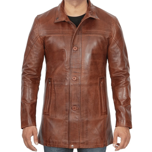 <b>Men's</b> Brown Genuine <b>Leather</b> <b>Long</b> <b>Coat</b> Turn-down Collar Single Breasted Casual Autumn Jacket - Product Image 1