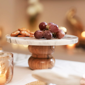 Natural Wood & White <b>Marble</b> Top Reusable Dishwasher Safe <b>Cake</b> <b>Stand</b> & Cupcake Server Tray Wedding <b>Cake</b> Pedestal Display - Product Image 1