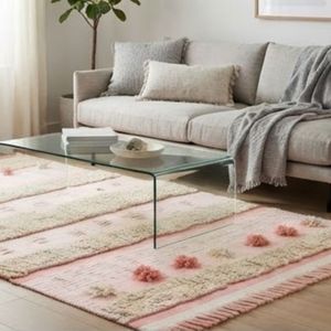 New Arrival Boho Handcrafted Striped Rectangle Area <b>Rug</b> Pink Cream Fringe Pom Pom Tassel Home <b>Rug</b> at Wholesale Price - Product Image 5