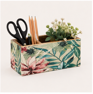 Handcrafted Mango Wood Cutlery Holder With 3 Compartments Floral <b>Printed</b> Wooden Spoon Stand For Kitchen & Dining Table Organizer - Product Image 4