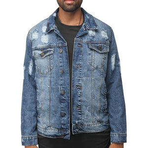 Veste en jean délavé pour homme, coupe droite, col rabattu, vêtement d'extérieur décontracté, fermeture éclair, manteau en jean bleu en coton, style automne - Product Image 3