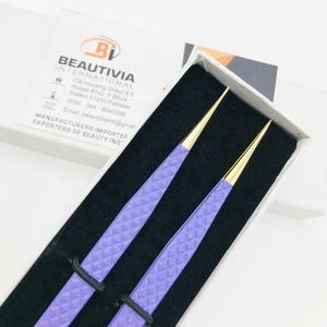 Pinzas de extensión de pestañas de acero sostenible con agarre de diamante, aplicador profesional, extensiones de pestañas, Punta puntiaguda de oro púrpura, Belleza - Product Image 6