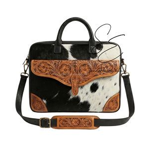 Western Cowhide Leather Laptop Bag Handmade Tooled Briefcase Hair On Hide Messenger Satchel Office Work Bag - Product Image 1