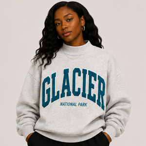 Sudadera Corta para Mujer del Parque Nacional Glaciar, Cuello Redondo, Manga Regular, Mezcla de Algodón Tejido, Gris Claro, Estampado de Letras, Ropa de Otoño - Product Image 4