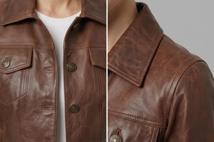 Veste en cuir d'agneau véritable pour femme, style trucker, vintage, boutonnée sur le devant, col chemise, marron et violet - Product Image 4