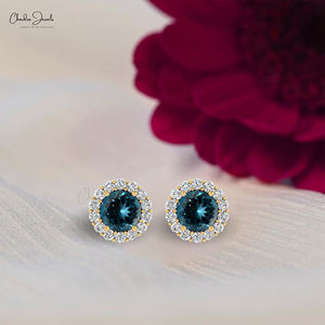 Pendientes de Oro Sólido de 14k de Lujo con Topacio Azul de Londres de 4mm y Halo de Diamantes, Joyería Elegante para Mujer, Proveedor Mayorista - Product Image 6