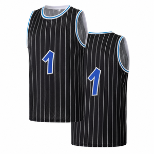 Maillot de basket-ball rayé noir numéro 1, imprimé bleu, sans manches, en maille respirante, vêtements unisexes pour adultes, débardeur à col rond - Product Image 1