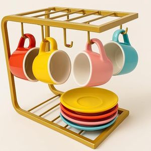 Support à tasses moderne à double niveau en métal avec étagère à assiettes pour le rangement de la vaisselle de cuisine, type sur pied, design durable - Product Image 4