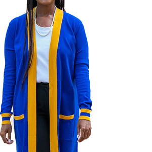 Cardigan long en laine/cachemire bleu roi et or SGRho, tricoté pour l'hiver, avec poches et poignets rayés, design royal à ouverture frontale - Product Image 4