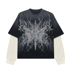 เสื้อยืดแฟชั่นผู้ชายแขนสองชั้น ผ้าฝ้าย ล้างสีแบบแอซิด พิมพ์ลายกราฟิก DTG ทรงโอเวอร์ไซส์ หนานุ่ม สไตล์สตรีทแวร์ - Product Image 4
