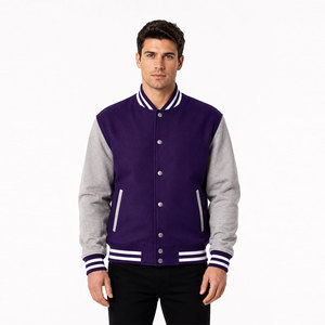 Classic Design Purple <b>White</b> Letterman <b>Jacket</b> Premium Fit Button Front Ribbed Hem Modern Casual Street Style - Product Image 1