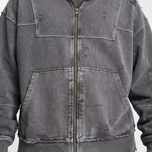 Veste à capuche en jean coupe décontractée pour homme – Veste streetwear délavée avec design multi-poches - Product Image 4