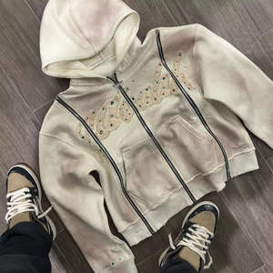 High Quality 100% Cotton 420 Gsm Heavyweight Cropped Hoodie Men Triple Zip Embroidery <b>Rhinestone</b> Distressed Acid Wash Hoodies - Product Image 4