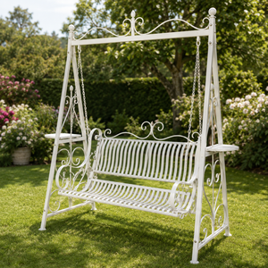 White Wrought Iron Garden Swing Bench With Chains Ornate Outdoor Patio Jhula With Side <b>Shelves</b> For Lawn Porch Furniture - Product Image 2