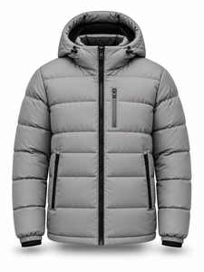 Veste matelassée à capuche grise pour homme, imperméable, séchage rapide, coupe-vent, décontractée, fermeture éclair, rembourrage en polyester, longueur normale, couleur unie - Product Image 1