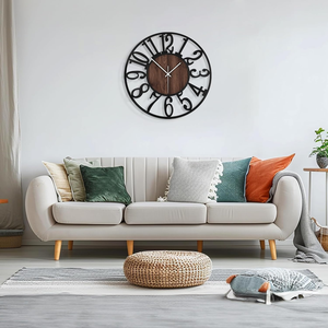 Grande horloge murale ronde en métal noir et bois, fonctionnant à piles, sans tic-tac, horloge décorative pour salon, bureau à domicile, cuisine - Product Image 4
