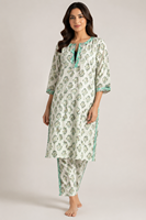 Ensemble Kurta Slim Fit à Col Halter Imprimé Floral Ethnique pour Mariage Formel, Pyjama en Coton avec Bordure Latérale, Tenue d'Été pour Femme