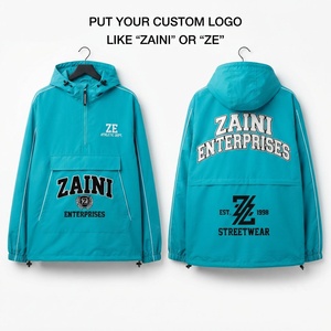 Premium Polyester Windbreaker <b>Jacket</b> 120 GSM <b>Mens</b> Teal Hooded <b>Pullover</b> <b>Jacket</b> Custom Applique Logo Lightweight Outdoor Shells - Product Image 1