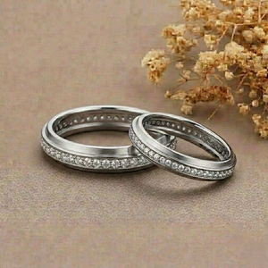 Bagues de mariage classiques en or blanc 14 carats avec diamants, sertissage pavé, taille brillant rond, unisexes, pour les occasions de mariage - Product Image 5
