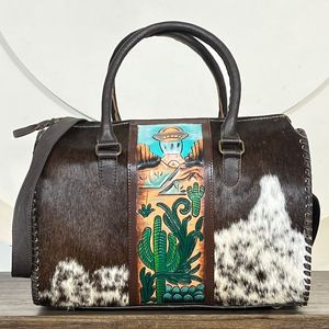 New Premium Hand Tooled Genuine Cowhide Leather Large Speedy Bag Hair-On Cowhide Cactus Pattern High Quality Handmade Duffel Bag - Product Image 4