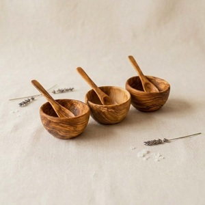 Ensemble de condiments artisanal en bois d'olivier naturel, 3 petits bols à trempette avec cuillères et plateau de service pour épices, trempettes, ustensiles de cuisine - Product Image 4