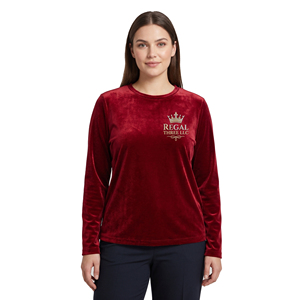 T-shirt en velours à manches longues pour femme Regal Three Llc, logo brodé sur le devant, tee-shirt en velours, mode streetwear pour femmes, t-shirts en velours - Product Image 1