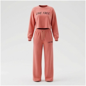 Conjunto Deportivo de 2 Piezas para Mujer, Sudadera de Cuello Redondo con Estampado Live Free y Pantalones con Cordón, Corte Holgado Informal para Otoño - Product Image 1