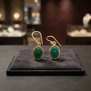 ต่างหูทองเหลืองประดับหยกเขียวธรรมชาติ งานแฮนด์เมด ขายส่ง - Product Image 2