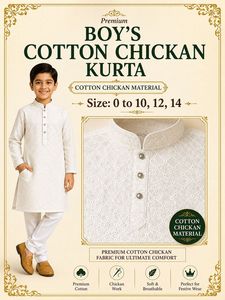 <b>Boys</b> Cotton Chikan <b>Kurta</b> Pajama Set Hand Embroidered Wrinkle-Free Knee-Length Traditional Ethnic Festive Wear Kids Indian - Product Image 2
