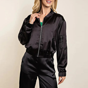 Blouson Bomber en Soie Noire Col Montant Manches Longues Coupe Ample Décontractée Couleur Unie Tissu Fin Unisexe Idéal Printemps - Product Image 1
