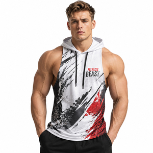 OEM Custom Logo <b>Men</b> Printed Hooded Tank Top Gym Wear Quick Dry Sleeveless Hoodie <b>Men</b> Racerback Workout Wear <b>Singlet</b> Top - Product Image 2