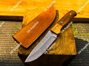 Couteau de camping Skinner à pointe tombante en acier Damas forgé à la main, ultra-affûté, avec fourreau en cuir et manche en bois de rose, pour l'autodéfense, OEM/ODM - Product Image 4