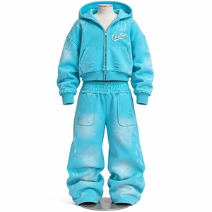 Nouvel ensemble unisexe hiver 2027 : sweat à capuche zippé et pantalon de survêtement en polaire délavée, coton turquoise vieilli, tie-dye respirant - Product Image 1