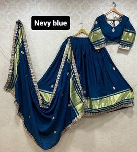 Conjunto de Lehenga con borde de seda dorada y zari, con dupatta a juego – Estilo del sur de la India, multicolor - Product Image 6