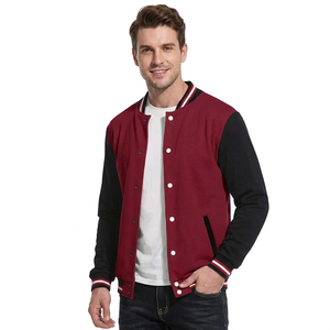 Men's Color Block Baseball Varsity Jacket Maroon <b>Black</b> Snap <b>Button</b> Stand Collar Long Sleeve Breathable Winter Canvas Sweatshirt - Product Image 2
