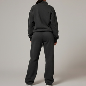 Custom Made 100% Cotton 400g Fleece Solid Embroidered Quarter-Zip Flare Women's Two Piece Streetwear Set <b>Lace</b> Rhinestone Winter - Product Image 3