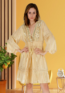 Bohemian Chiffon Mini Dress Hand Embroidery Geometric Print <b>Spaghetti</b> <b>Strap</b> Loose Fit V-neck 100% Cotton Plus Size Summer Women - Product Image 3