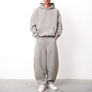 <b>Mens</b> Grey Hooded Tracksuit Full Length Solid Color Casual Sweatshirt Joggers Side Pockets Elastic Waist 100% Cotton Breathable - Product Image 1