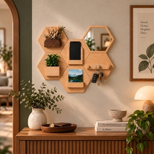 Porte-clés mural hexagonal moderne en bois de pin écologique, 3 crochets, auto-adhésif, sans perçage, organisateur d'entrée pour la maison - Product Image 4