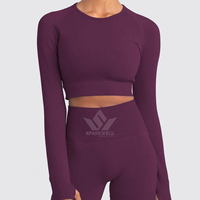 Ensemble de yoga 2 pièces pour femme : haut court sans couture à manches longues et leggings taille haute, couleur unie, respirant et anti-transpiration