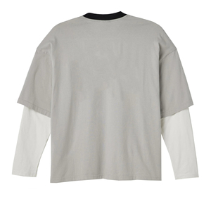 Men Grey Double <b>Layer</b> Sleeve Shirt Contrast Collar False Two Piece Long Tee Loose Fit Oversized Casual Knit <b>Top</b> - Product Image 3