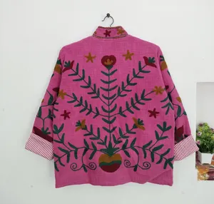 Chaqueta de Algodón TNT Suzani Fucsia Estilo Boho para Mujer, Bordado Floral Botánico, Reversible, Hecha a Mano, Estilo Vintage - Product Image 2