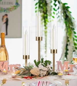 Ensemble de bougeoirs en métal doré avec cheminée en verre, chandelier moderne haut, centre de table de mariage, décoration - Product Image 1