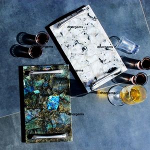 Plateau de table de chevet en acier argenté fait main avec poignées, plateau de service décoratif en labradorite/quincaillerie de quartz pour table basse/coiffeuse - Product Image 1