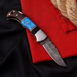 Cuchillo de Combate de Acero de Damasco con Punta Caída, Mango Azul, Empuñadura de Madera, Borde Recto, OEM/ODM, 6.5 Pulgadas de Longitud Total - Product Image 2